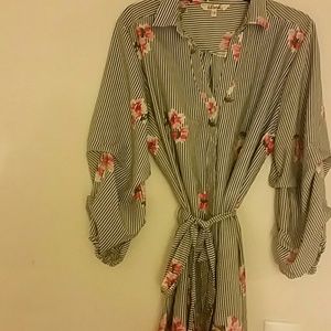 Stripes and floral dress with Tie belt